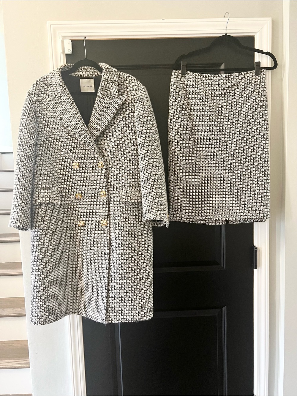 St. John Collection Size 16 Black & White Tweed Long Coat & Skirt 2-Piece Set